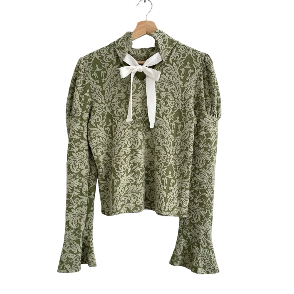 Anthropologie Jacquard Coquette Top Small Bow Boho Prairie Bell Puff Sleeve - Picture 6 of 15